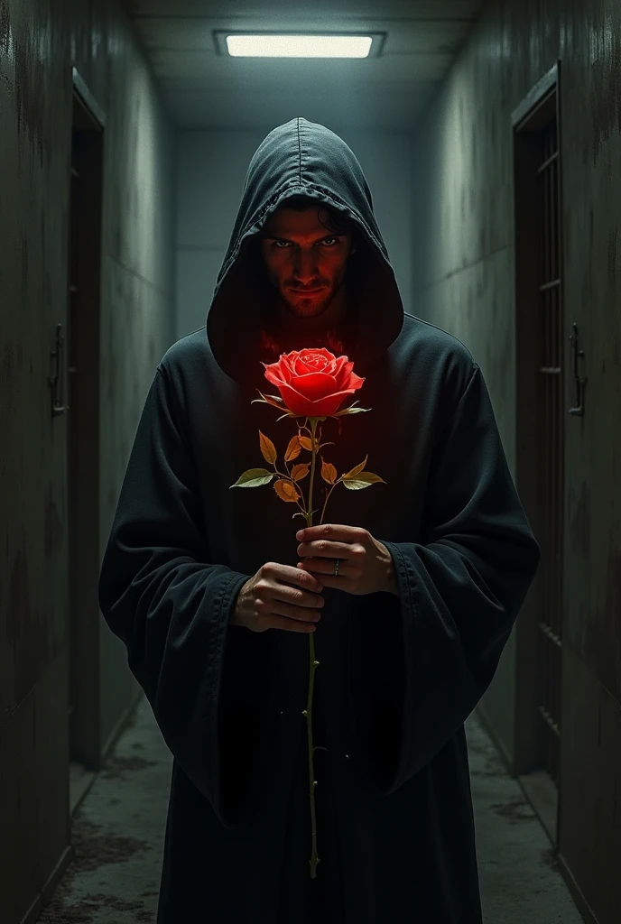 A mysterious-faced prisoner partially hidden in the shadows of a cell with a red rose in the center on fire