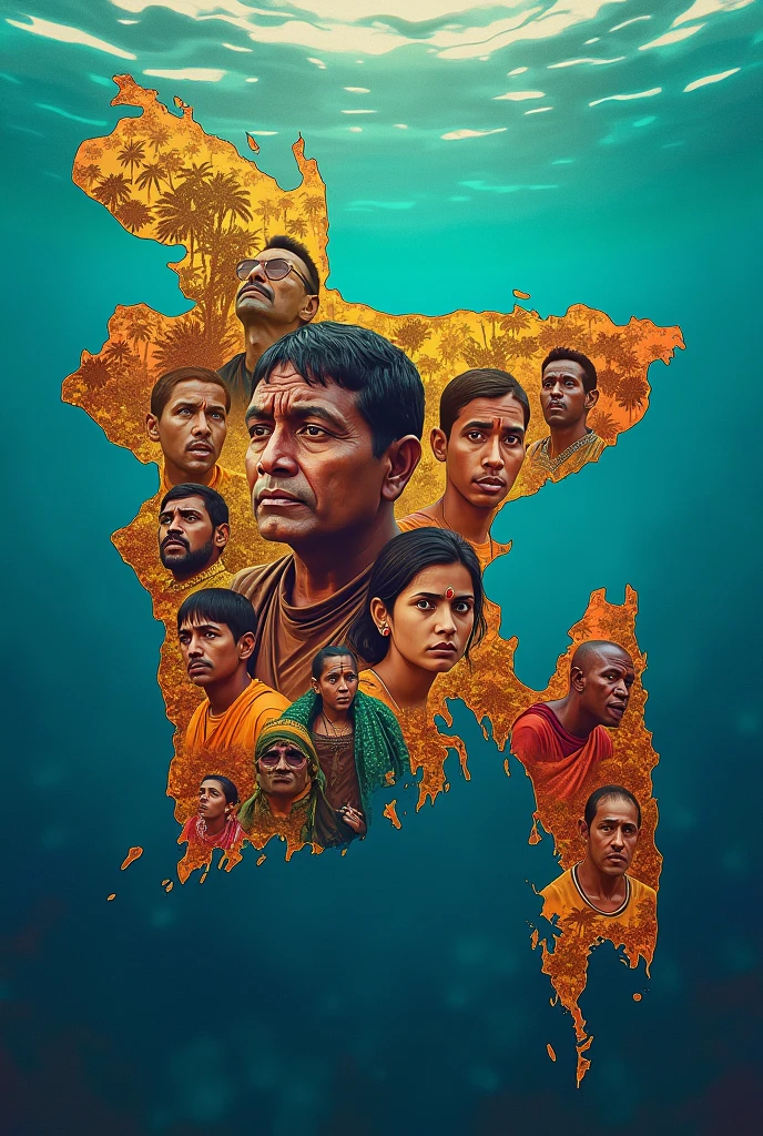 A colourful Bangladesh map,some bangladeshi People in crying, underwater