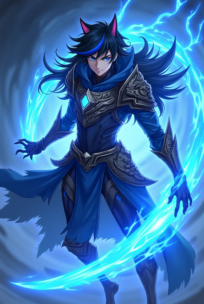 I need the same character to emanate a form of power similar to Meliodas' Wrath Claw from Nanatsu no Taizai this time., but with Cobalt Blue aura (MAKE THE IMAGE WITH JAPANESE ANIME LINE) and written "The Eminent Divine Spirit" into the image, as if it were the cover of a book. put the name: (The Eminent Divine Spirit), written in the drawing, as if it were a book cover. put the name: (The Eminent Divine Spirit), written in the drawing, as if it were a book cover. put the name: (The Eminent Divine Spirit), written in the drawing, as if it were a book cover. put the name: (The Eminent Divine Spirit), written in the drawing, as if it were a book cover. put the name: (The Eminent Divine Spirit), written in the drawing, as if it were a book cover. put the name: (The Eminent Divine Spirit), written in the drawing, as if it were a book cover. Create a character, TEENAGE HUMAN MALE WITH ARMOR WITH WOLF DESIGNS on the armor with traces of the drawing in JAPANESE ANIME style. put the name: (The Eminent Divine Spirit), written in the drawing, as if it were a book cover. IN a cosmic environment, long black hair with a cobalt blue streak in one hair, cobalt blue eyes. put the name: (The Eminent Divine Spirit), written in the drawing, as if it were a book cover.