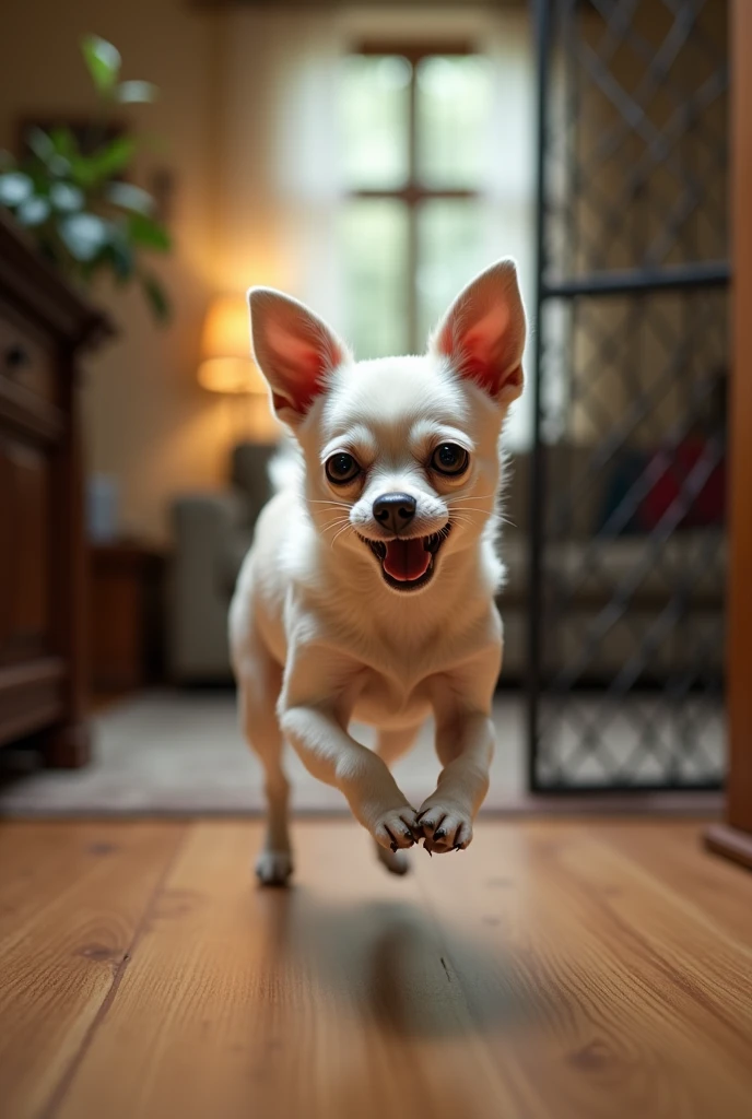 A scared white chihuahua dog escapes from its cage and in the background they are inside a house