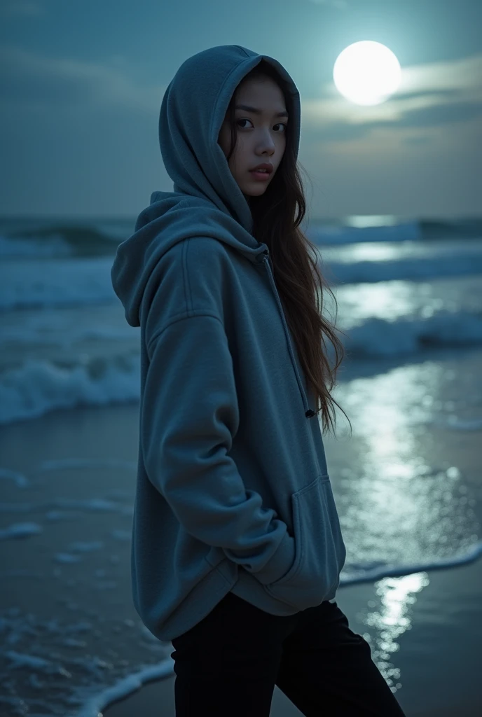 Best quality, girl 1, gray hoodie, black cargo pants, on the beach, at night, cool appearance, brown eyes, body visible to thighs, beach background With very bright moonlight, cool air, realistic ocean waves, there are flowers, gray hijab, curled eyelashes, Indonesian face, Indonesian race, beauty, beautiful girl, Indonesian face, pretty lips, sexy lips, sexy face. Realistic original photo, studio