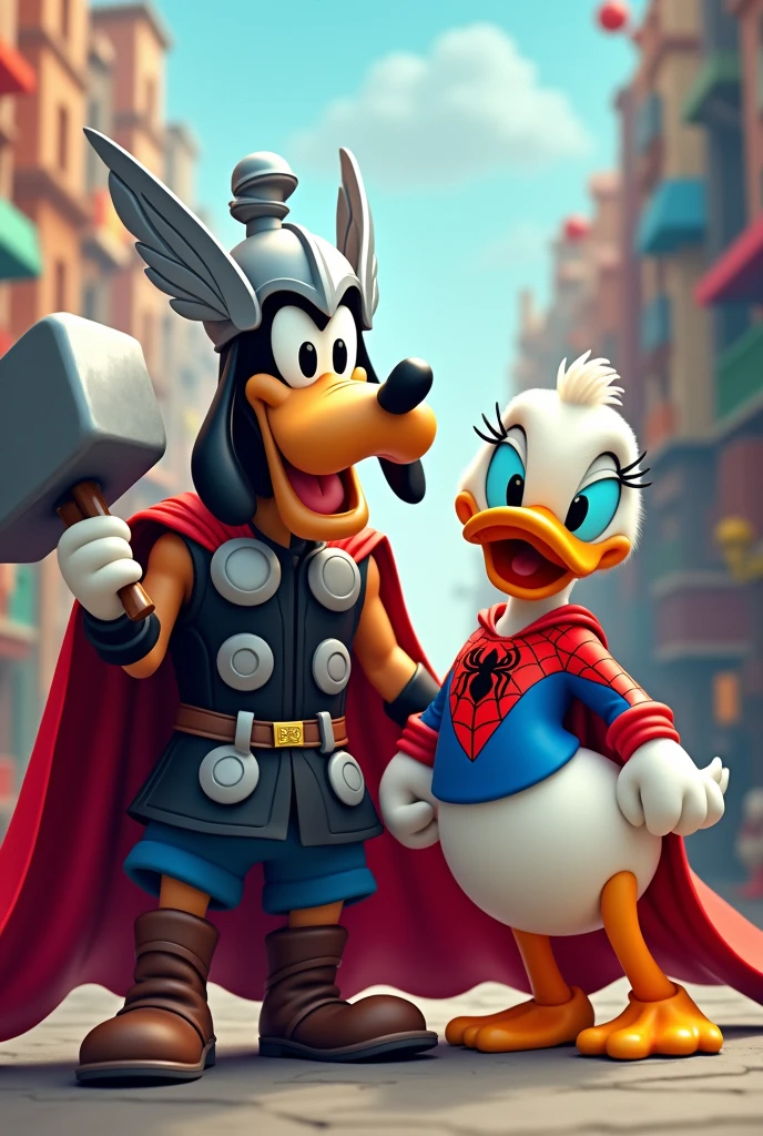 Goofy dressed as Thor and Donald Duck dressed as Spiderman