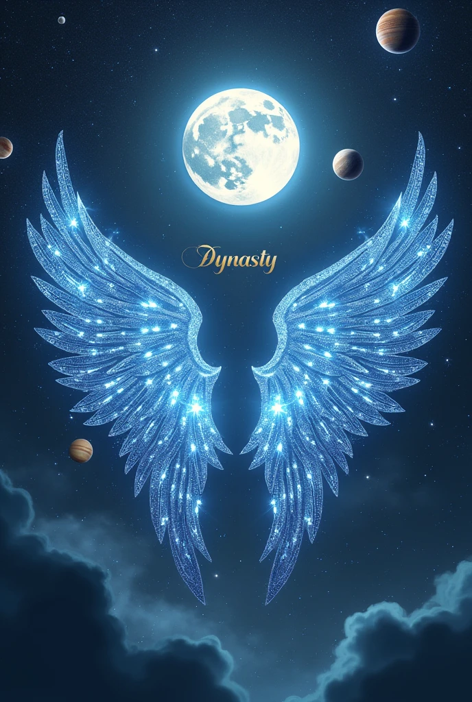 full moon plus meteorites, planets and only Angel wings made of stars, the wings separated and below add the word DYNASTY as a background