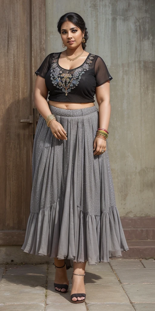 Day scene, A radiant, full-figured South Indian 35 year old aunty a gray colour chiffon mini skirt and black chiffon shirt, standing, in a garden captured in a full-body image with vibrant hues and meticulous details. Full body image