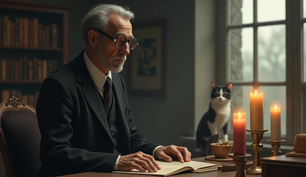 An elderly man with a thin, serene and contemplative expression. He has short, dark hair, slightly balding in the front, slightly graying, no beard, and wears a classic 1930s suit, with small, square, prescription glasses and a discreet tie. Cayce is standing next to a vintage-looking chair in an environment reminiscent of an old office with 3 candles on the table with a black and white cat, with books and papers in the background. The soft, diffuse lighting highlights his face, conveying an aura of wisdom and introspection. In one hand, he holds a prophecy object, symbolizing his knowledge and psychic abilities. The scene has a nostalgic and mysterious tone, reflecting the enigmatic nature of his predictions and readings. Through the window there is nature