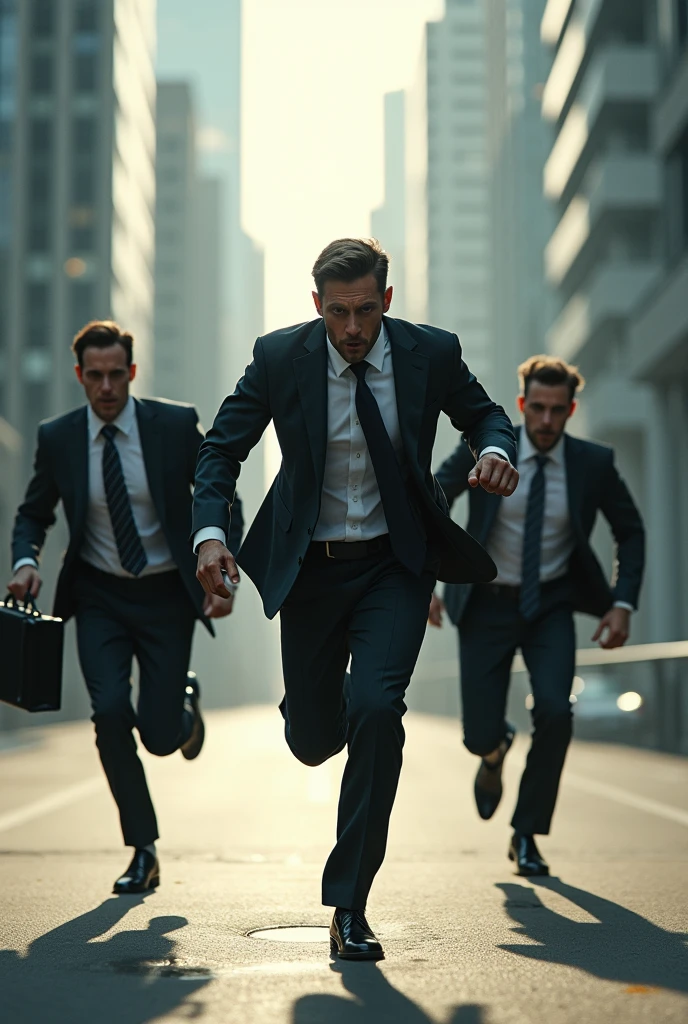 Make a picture of three men in suits running from one man in a suit