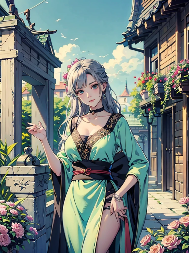 Magnificent View、Floating Island、Hanging Garden、Outdoor、Vision、anime、High definition、Miko costume、Holy Maiden、In a garden full of blooming flowers, she is spinning with her right hand stretched upwards, her left hand on her hip, and her chin raised.、Silver Hair（Long Hair、The top of the head is indigo blue、The ends of the hair are red.）、Jade Eyes