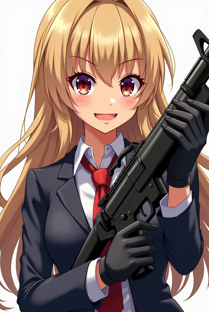 in anime style. A young and cute 19 year old girl, with blonde hair, fringe and braids, in the formal clothes of someone who works in an office. She is very beautiful and has a great physique., with a smile holding a large bloodstained chainsaw. But make her look friendly and humble, but with the air of being a very stressed and angry person