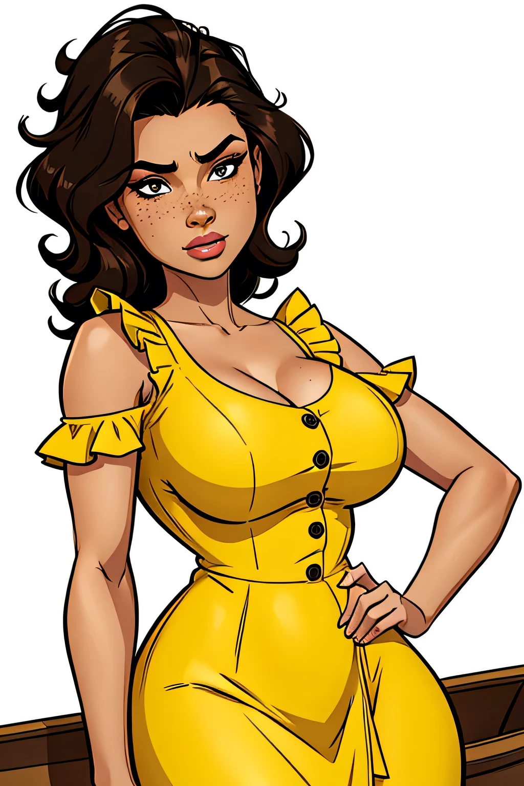 Thin woman, age 25, 4K (High definition), thoughtful, seducing gaze, eyes browns, wearing a long yellow dress with a boat neckline (with buttons) and short sleeves (with white frills), arms positioned at the side of the body, brown skin, curly black hair to the shoulders, upper body, full of curves with freckles on her chest and neck, round breasts. High-quality Marvel style, white background.