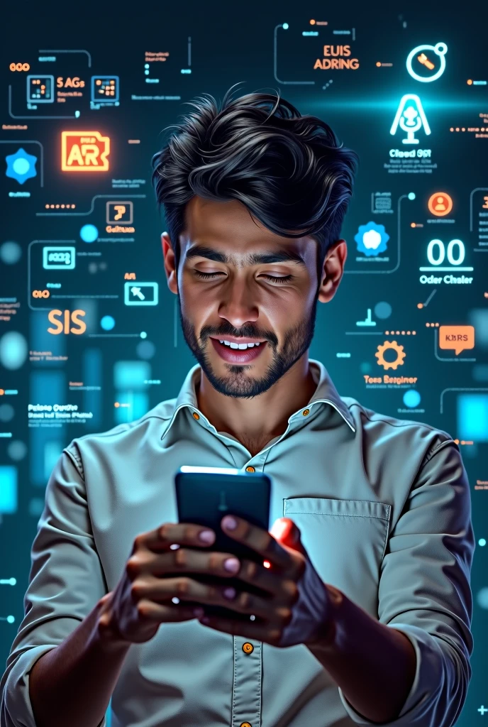 best quality, realistic young man, 25, brazilian, surprise affection, using a smartphone, interacting with chatGPT, multitasking, surrounded by icons from different fields, versatile, icons of completed tasks, technology, cyberpunk, backgroundless image