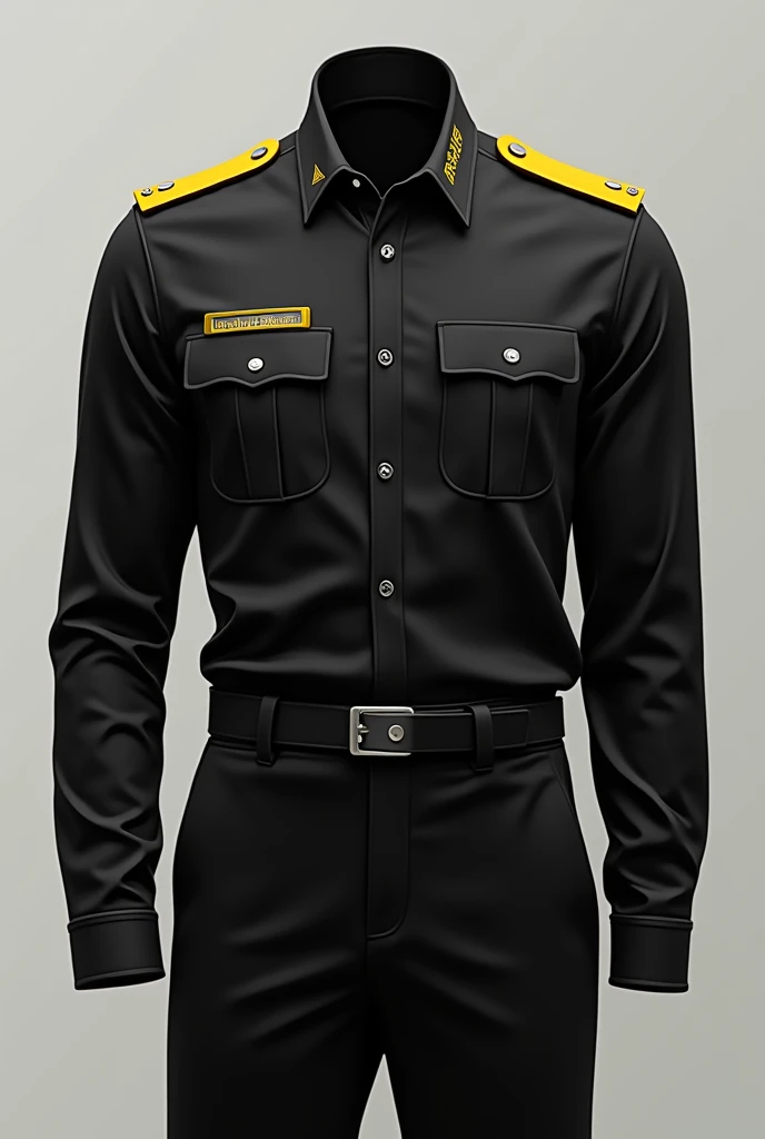 A uniform shirt with a predominant black color and a few yellow details, nothing flashy