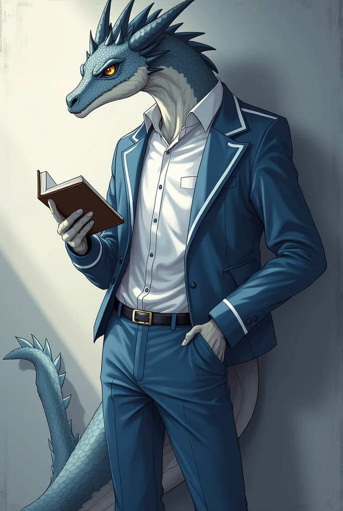 Male Dragon, gray color and white lines, there is a blue oval shape on his cheek, ideal body, high school student, so OSIS, wear high school student council uniform, wear school pants, he is reading a book while standing with one hand, his eyes glanced, one more hand in the pocket, leaning against the wall, have one tail, graphic anime