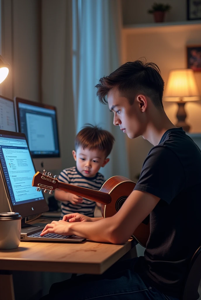 A short-haired IT expert wearing a black t-shirt is working in his room and there are three laptops on his desk., a cup of coffee, and vape. And beside him there was a ., short hair playing guitar. Real-like photo results.