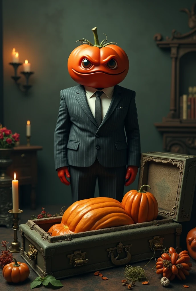 A tomato in a suit watching over a pumpkin in a coffin
 