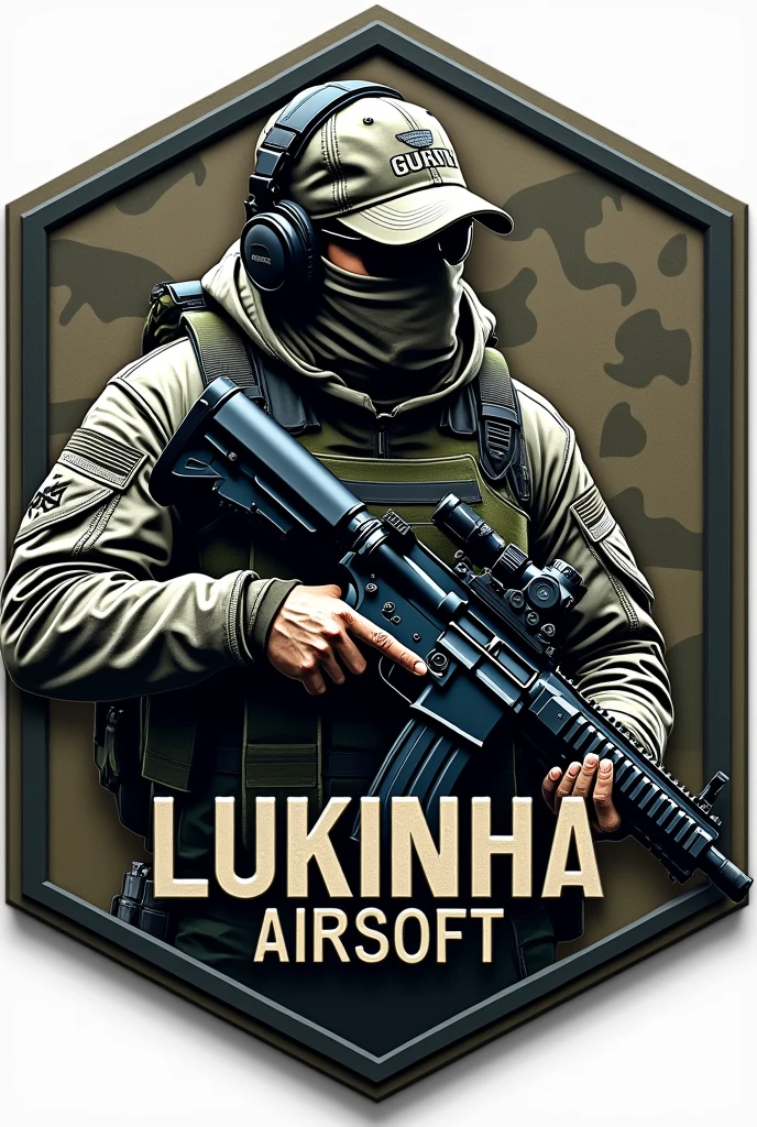 Create Hexagonal Rubberized Patch Cliché, camouflage coat of arms background,military coat of arms with the name Lukinha Airsoft, operator carrying an m4 rifle wearing a cap and headphones