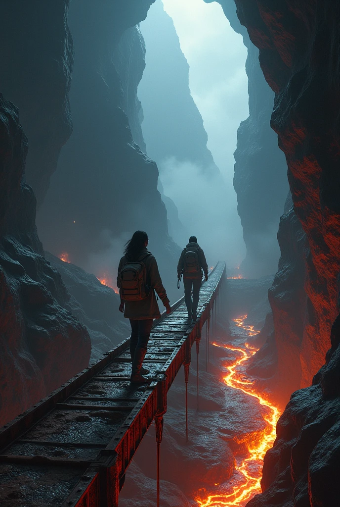 A dark cave with a cliff and a river of lava and a long, rusty iron bridge. connected to a cave and the continuation of the cave with the exit to a mountain.  And that there are also two scientists,  a woman with loose hair and a man with straight black hair. About to cross the bridge, the man at the end of the bridge the woman in the middle. And have scientist clothes plus a backpack. And this is a dark and foggy environment
