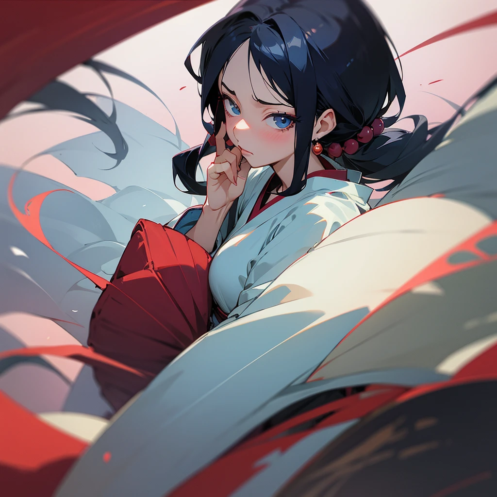 40 years old woman, japanese,redgown, Fan in hand, hypdertailed, breastsout, aretes, blushful, cloused mouth, blue colored eyes, pub, Bblack hair, アニメ, anime styling, Estilo One Piece, 