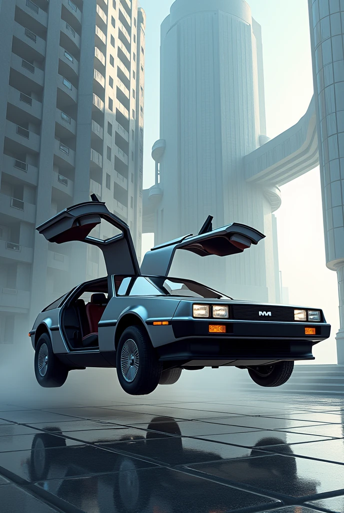 image of a delorean floating with its wheels folded in front of a futuristic building