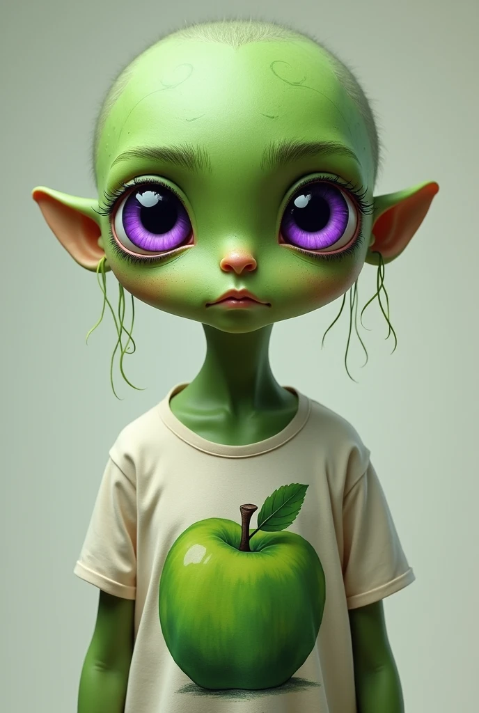 Make one that has green skin and purple eyes with a green apple printed on the shirt