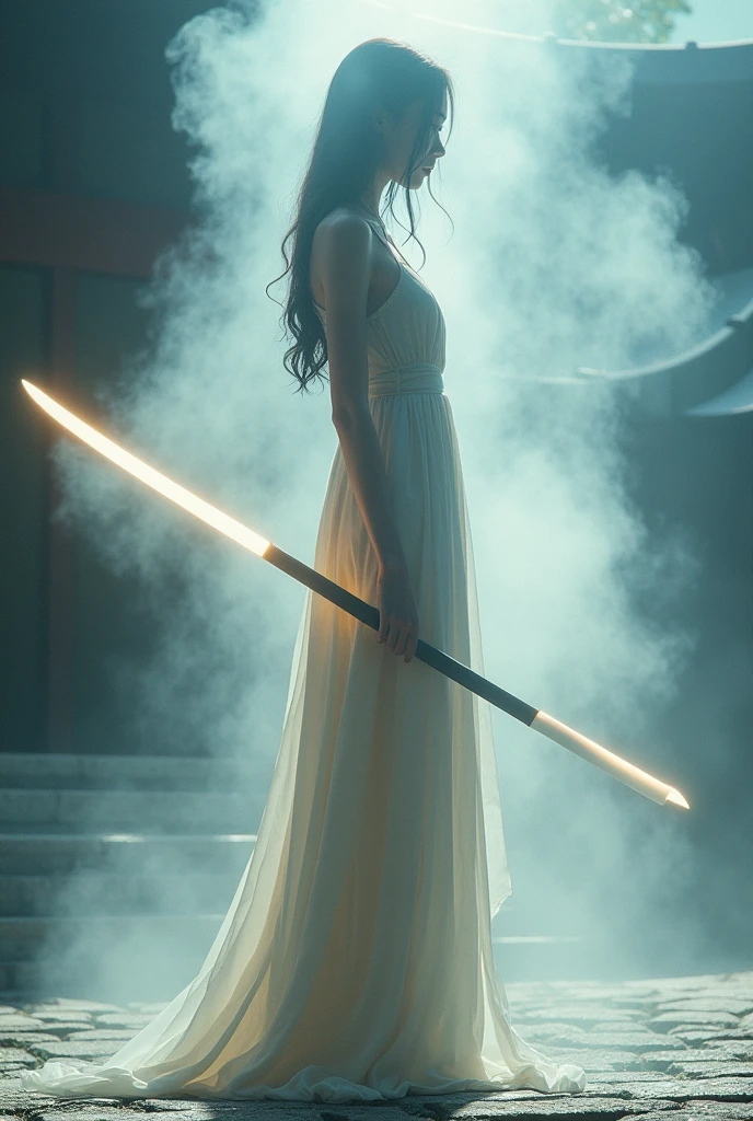 editorial photography,super detailed background,Super realistic,double exposure,depth of field,beauty super slender skinny vides,soft focus pure tone,narrative scene,A neon-emitting blade is surrounded by white smoke,a super_long Japanese sword held by female facing forward,Zen temple paving stones,