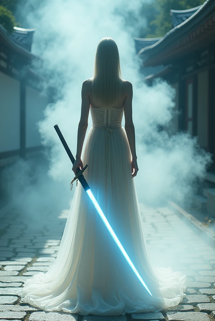 editorial photography,super detailed background,Super realistic,double exposure,depth of field,beauty super slender skinny vides,soft focus pure tone,narrative scene,A neon-emitting blade is surrounded by white smoke,a super_long Japanese sword held by female facing forward,Zen temple paving stones,