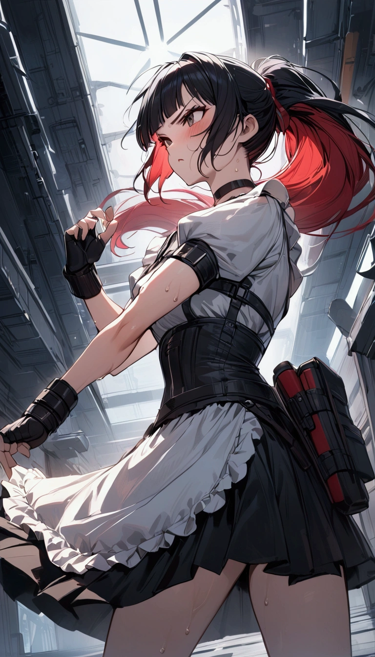 from side,cowboy shot,1girl solo,Female fighter ,maid outfit, ,{{White frilled apron:1.6}},collarbone, {{white puff sleeves:1.4}}, {{White short-sleeved puff-sleeved blouse:1.6}},,black shoulder straps, black corset, black flared skirt, blunt bangs, black choker. Dynamic composition,dutch angle,fighting stance,{{fight}},{{masterpiece}}, {{{Highest quality}}},{{Very detailed}},holster ,Fight,,{{v-shaped eyebrows}},Bad mood,blush,Sweat,raise one's eyebrows ,Black hair Long hair,Blunt bangs ,Red hair band,cyberpunk ,Black fingerless gloves ,ponytail,Training area,Indoor
