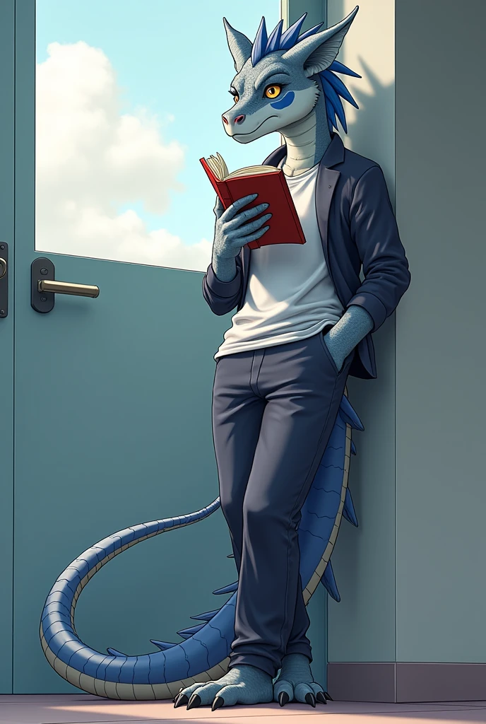 Male Dragon, gray color and white lines, there is a blue oval shape on his cheek, ideal body, high school student,  so OSIS, wear high school student council uniform, wear school pants, he is reading a book while standing with one hand, his eyes glanced, one more hand in the pocket, leaning against the wall, have one tail, graphic anime