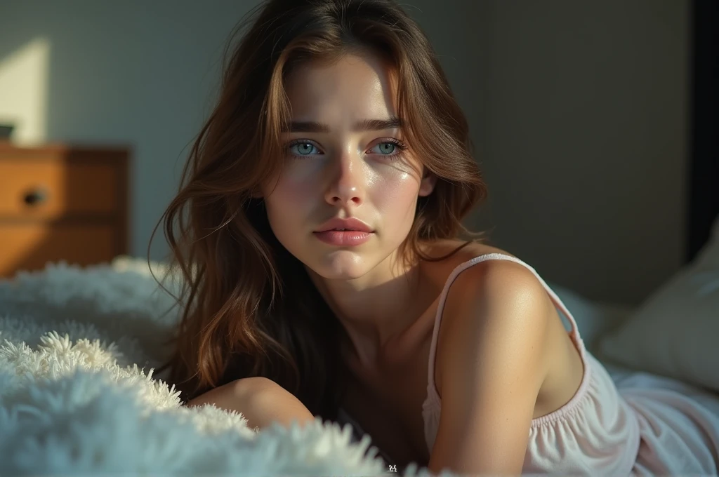 fot, taken with a cell phone from a distance that shows the entire body, She is very young, in house, in his bedroom, Normal sleepwear, sad for a lost love, long brown hair, a wry smile softened - tears in the eyes, contained excitement, Soft lighting on your face, realistic skin-clothes-hair textures, sky blue eyes carpeted mist, beautiful real textures and delicate aesthetics, full body view, notable for natural feminine beauty, noise, 8 k quality, FOTO RAW, by professional photographer, rule of thirds, Extremely Detailed