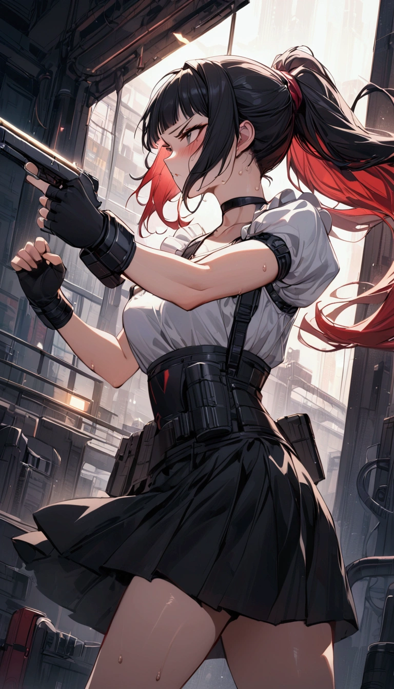 from side,cowboy shot,1girl solo,Female fighter ,maid outfit, ,{{White frilled apron:1.6}},collarbone, {{white puff sleeves:1.4}}, {{White short-sleeved puff-sleeved blouse:1.6}},,black shoulder straps, black corset, black flared skirt, blunt bangs, black choker. Dynamic composition,dutch angle,fighting stance,{{fight}},{{masterpiece}}, {{{Highest quality}}},{{Very detailed}},holster ,Fight,,{{v-shaped eyebrows}},Bad mood,blush,Sweat,raise one's eyebrows ,Black hair Long hair,Blunt bangs ,Red hair band,cyberpunk ,Black fingerless gloves ,ponytail,Training area,Indoor