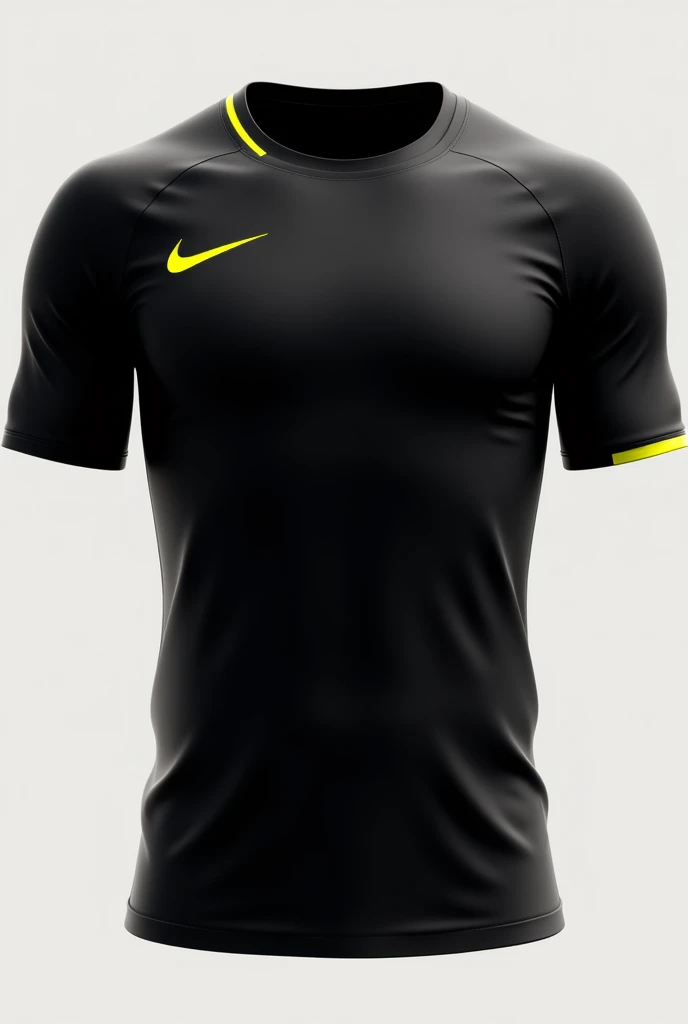 A sports uniform shirt with a predominant black color and a few yellow details, nothing flashy 