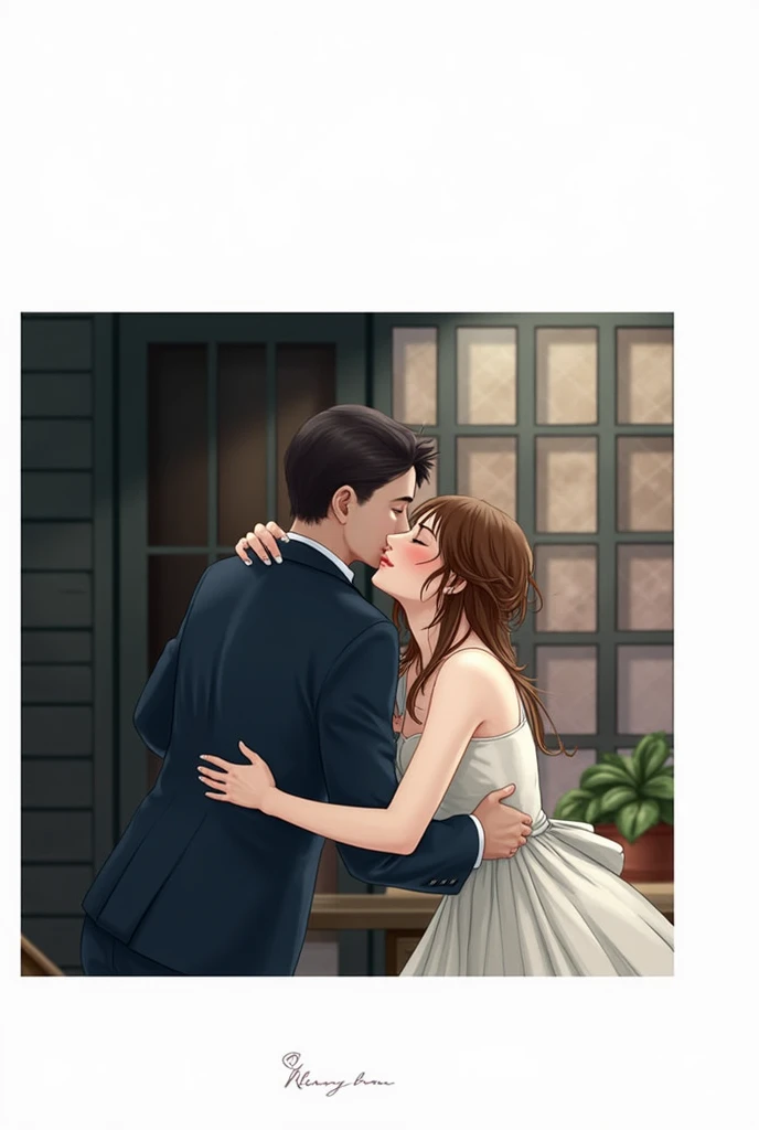They kiss on the mouth and hug each other slowly