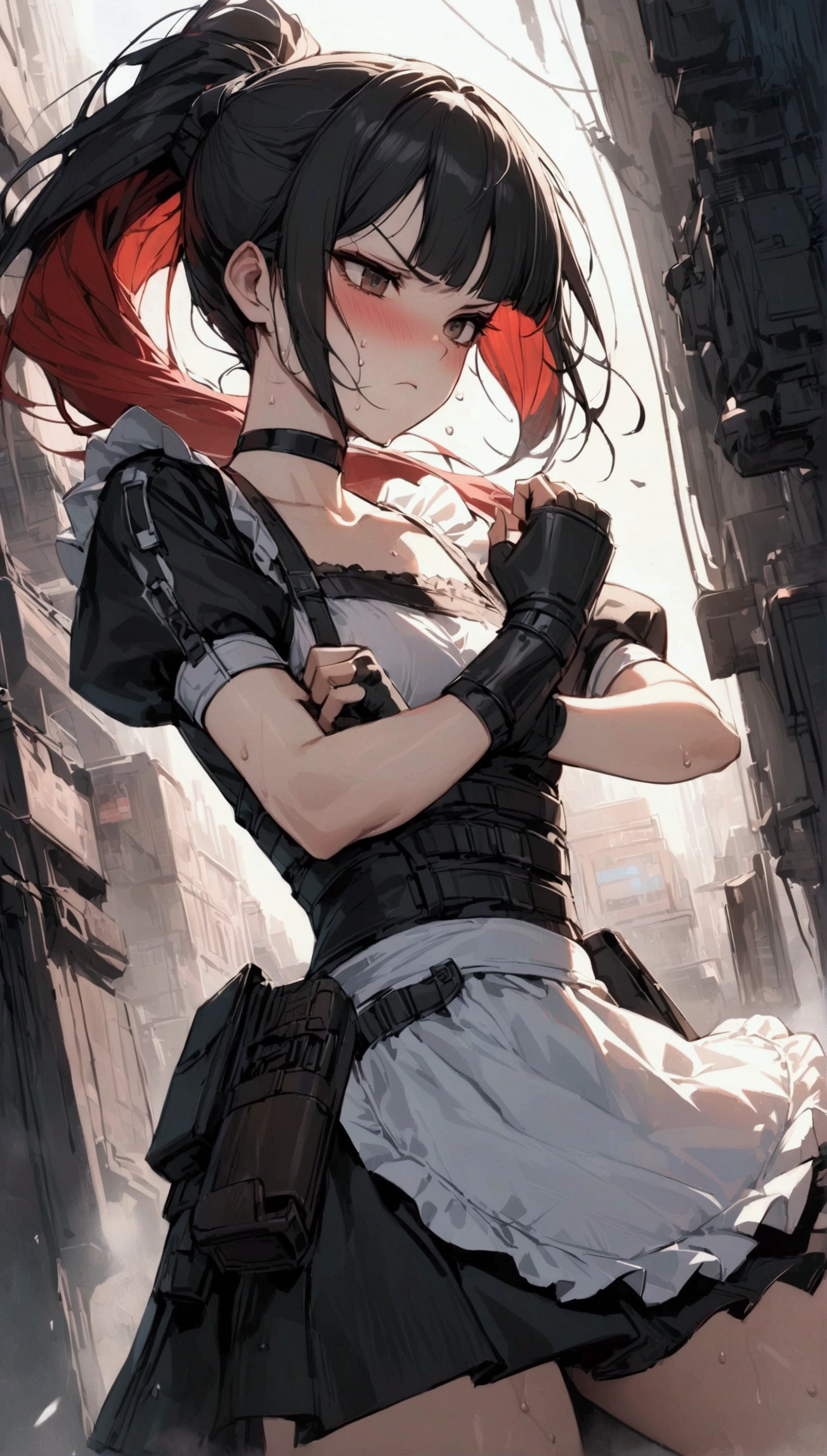 from side,cowboy shot,1girl solo,Female fighter ,maid outfit, ,{{White frilled apron:1.6}},collarbone, {{white puff sleeves:1.4}}, {{White short-sleeved ????-sleeved blouse:1.6}},,black shoulder straps, black corset, black flared skirt, blunt bangs, black choker. Dynamic composition,dutch angle,fighting stance,{{fight}},{{masterpiece}}, {{{Highest quality}}},{{Very detailed}},holster　,Fight,,{{v-shaped eyebrows}},Bad mood,blush,Sweat,raise one's eyebrows　,Black hair Long hair,Blunt bangs　,Red hair band,cyberpunk　,Black fingerless gloves　,ponytail,Training area,Indoor