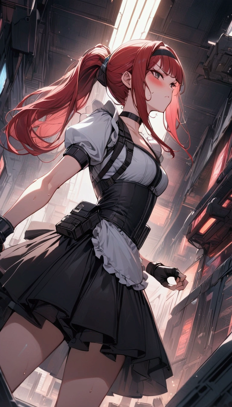 from side,cowboy shot,1girl solo,Female fighter ,maid outfit, ,{{White frilled apron:1.6}},collarbone, {{white puff sleeves:1.4}}, {{White short-sleeved puff-sleeved blouse:1.6}},,black shoulder straps, black corset, black flared skirt, blunt bangs, black choker. Dynamic composition,dutch angle,fighting stance,{{fight}},{{masterpiece}}, {{{Highest quality}}},{{Very detailed}},holster　,Fight,,{{v-shaped eyebrows}},Bad mood,blush,Sweat,raise one's eyebrows　,Black hair Long hair,Blunt bangs　,Red hair band,cyberpunk　,Black fingerless gloves　,ponytail,Training area,Indoor