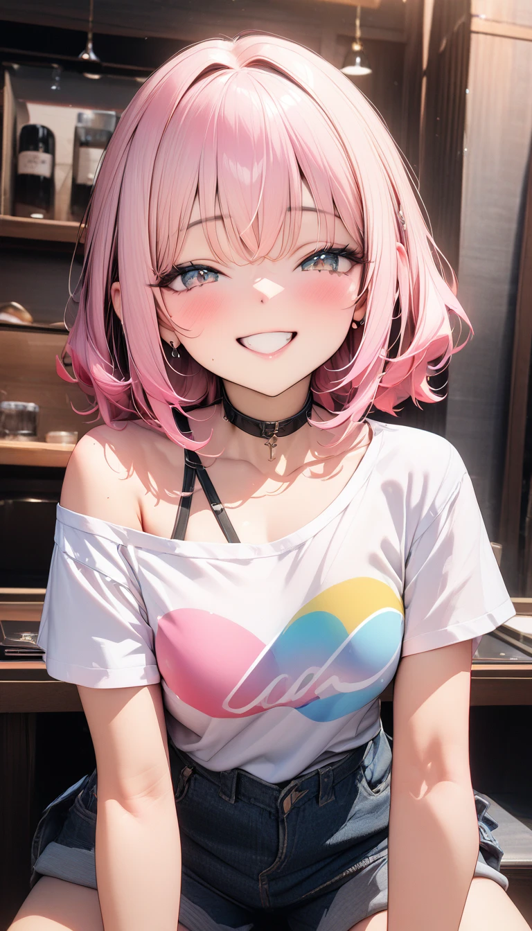 ((最high quality, 8k, masterpiece)), High resolution、(high quality: 1.5)、Very detailed、Detailed face、Bright colors、Natural light、Fine grain、Colorful eyes、Beautiful Face、Highly detailed face texture of a woman,masterpiece, 最high quality, Detailed and beautiful eyes,最high quality、Best image quality、masterpiece,girl,smile,From below,grin,(Brat),Pink Hair,Cute clothes,Printed shirt,Shorts,Just beautiful,masterpiece,(laugh at),最high quality、so beautiful,High resolution,1girl, solo,(masterpiece:1.2)、(最high quality:1.2)、Latest Glossy Skin