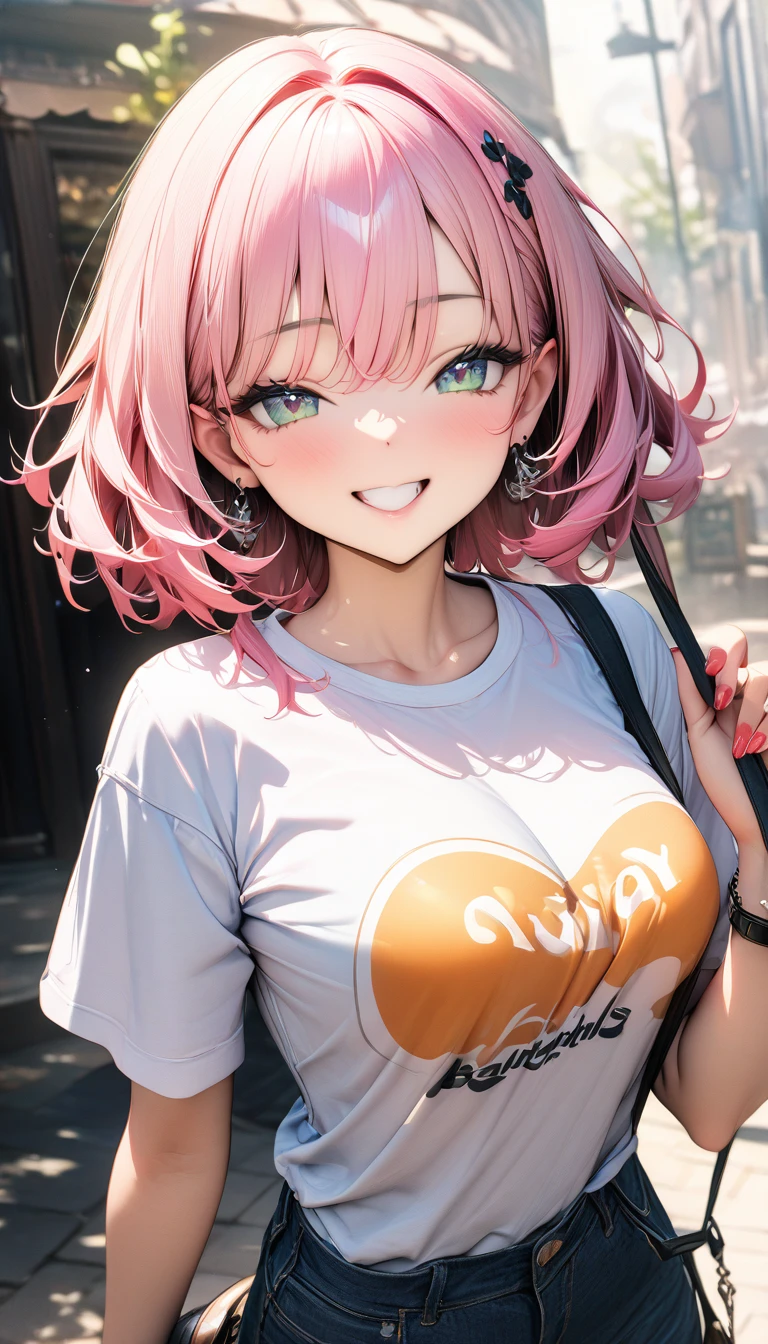 ((最high quality, 8k, masterpiece)), High resolution、(high quality: 1.5)、Very detailed、Detailed face、Bright colors、Natural light、Fine grain、Colorful eyes、Beautiful Face、Highly detailed face texture of a woman,masterpiece, 最high quality, Detailed and beautiful eyes,最high quality、Best image quality、masterpiece,girl,smile,From below,grin,(Brat),Pink Hair,Cute clothes,Printed shirt,Shorts,Just beautiful,masterpiece,(laugh at),最high quality、so beautiful,High resolution,1girl, solo,(masterpiece:1.2)、(最high quality:1.2)、Latest Glossy Skin