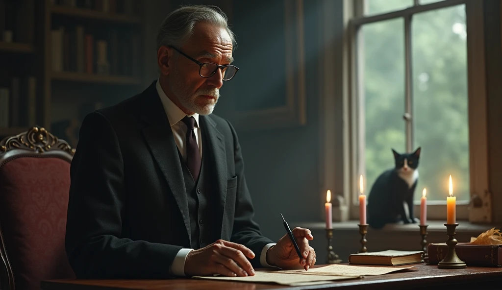 An elderly man with a thin, serene and contemplative expression. He has short, dark hair, slightly balding in the front, slightly graying, no beard, and wears a classic 1930s suit, with small, square, prescription glasses and a discreet tie. Cayce is standing next to a vintage-looking chair in an environment reminiscent of an old office with 3 candles on the table with a black and white cat, with books and papers in the background. The soft, diffuse lighting highlights his face, conveying an aura of wisdom and introspection. In one hand, he holds a prophecy object, symbolizing his knowledge and psychic abilities. The scene has a nostalgic and mysterious tone, reflecting the enigmatic nature of his predictions and readings. Through the window there is nature