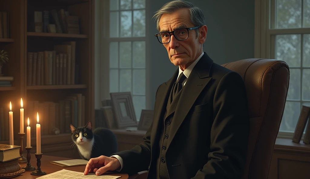 An elderly man with a thin, serene and contemplative expression. He has short, dark hair, slightly balding in the front, slightly graying, no beard, and wears a classic 1930s suit, with small, square, prescription glasses and a discreet tie. Cayce is standing next to a vintage-looking chair in an environment reminiscent of an old office with 3 candles on the table with a black and white cat, with books and papers in the background. The soft, diffuse lighting highlights his face, conveying an aura of wisdom and introspection. In one hand, he holds a prophecy object, symbolizing his knowledge and psychic abilities. The scene has a nostalgic and mysterious tone, reflecting the enigmatic nature of his predictions and readings. Through the window there is nature