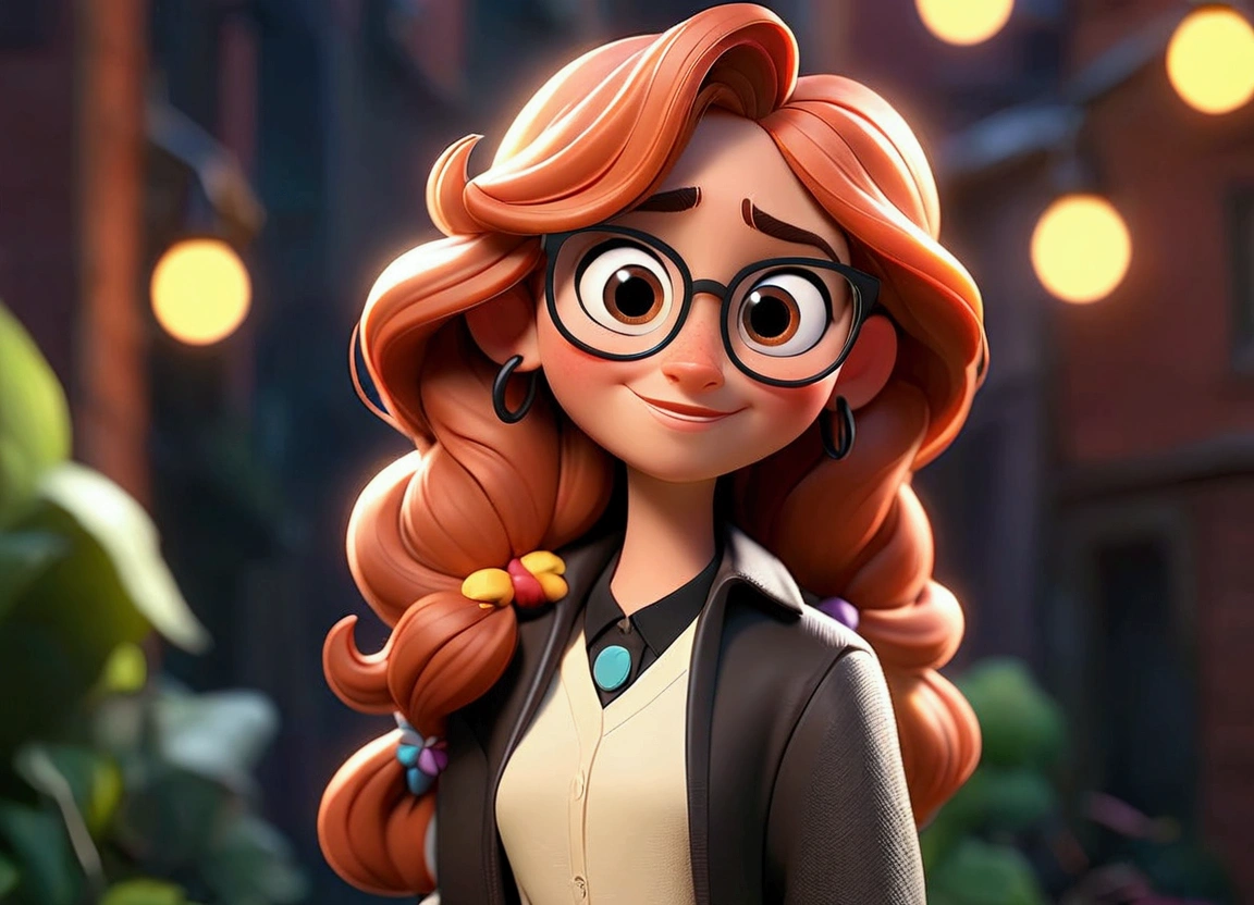 cartoon character de uma jovem de 22 anos, fully body, with black round glasses and white shirt, She smiles at the camera, animation character, stylized character, animation style rendering, 3d stylized, Arnold Maya rendering, Stylized 3D rendering, toon render screenshot, 3d character, 3d character, Stylized 3D rendering, 3D character rendering, cartoon character, Personagem de close up, character posing, (Pixar-style) (master part:1.2) (bokeh) (best quality) (skin detailed) (detailed texture) (8k) (Argilla) (cinematic lighting) (sharp focus