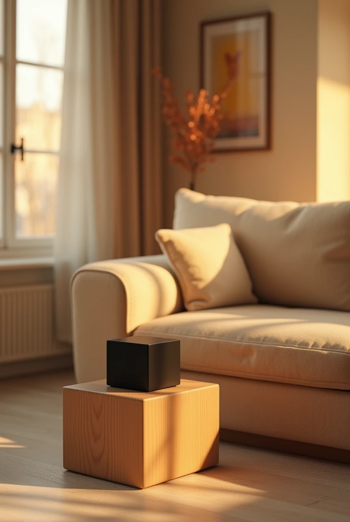 A square lampshade made of wood and a black rectangular cap is next to a sofa in a room with warm light shining through the window. 