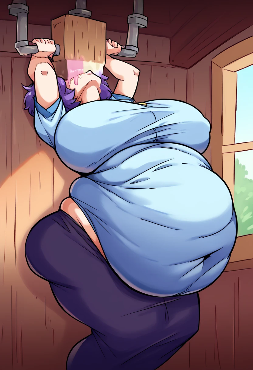 Masterpiece, best quality, high resolution,1 girl, purple hair, Short hair,hair over one eyes,, blue eyet shirt, leggings, wooden cabin, window, sunny, huge breasts, covered breasts, huge belly, belly expansion, huge hips, huge ass,ice cream machine,covered face, head back,arms up, holding