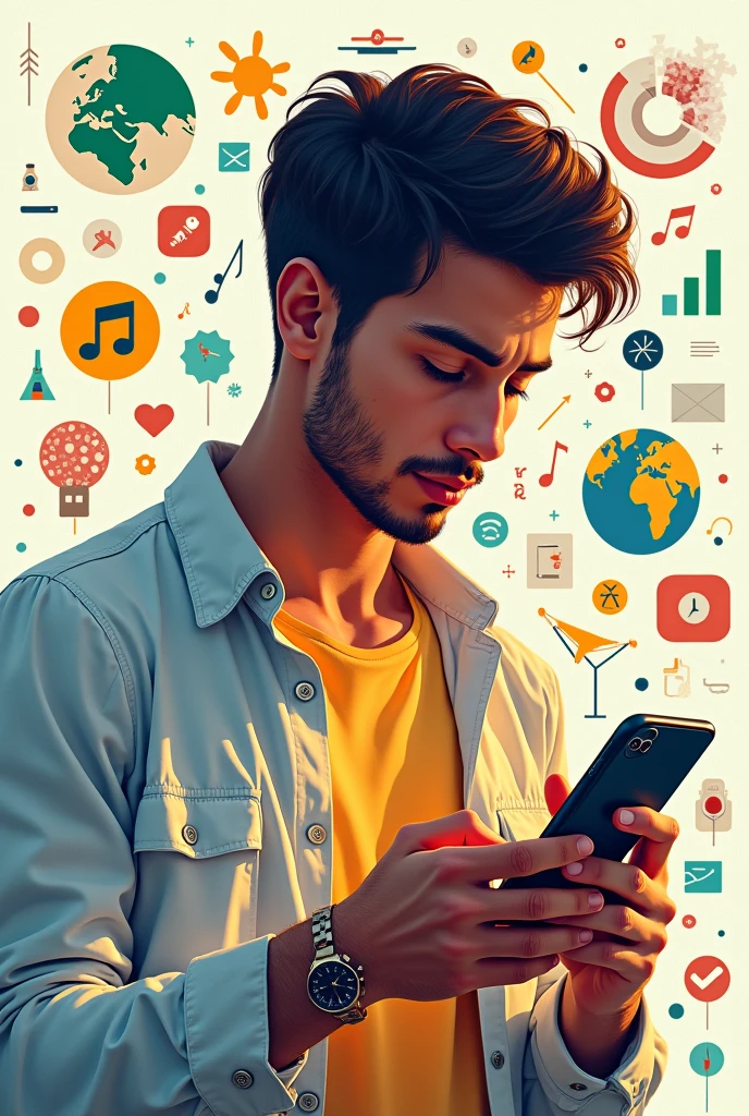 young man, 25, brazilian, surprise affection, using a smartphone, interacting with chatGPT, multitasking, surrounded by icons from different fields, versatile, icons of completed tasks, technology, cyberpunk, backgroundless image