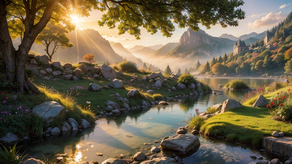 fairytale view with fantasy fairy garden in a wide steep valley with huge dramatic mountains in the distance,autumn, very deep clear water natural pond, rocks plants flowers shrubs trees moss lawns grass animals,sunrise and strong sunbeams,very hazy,extreme details,photorealistic,4k,HD,beautiful,nature, dreamy, low shot,ground level photo, good luminosity