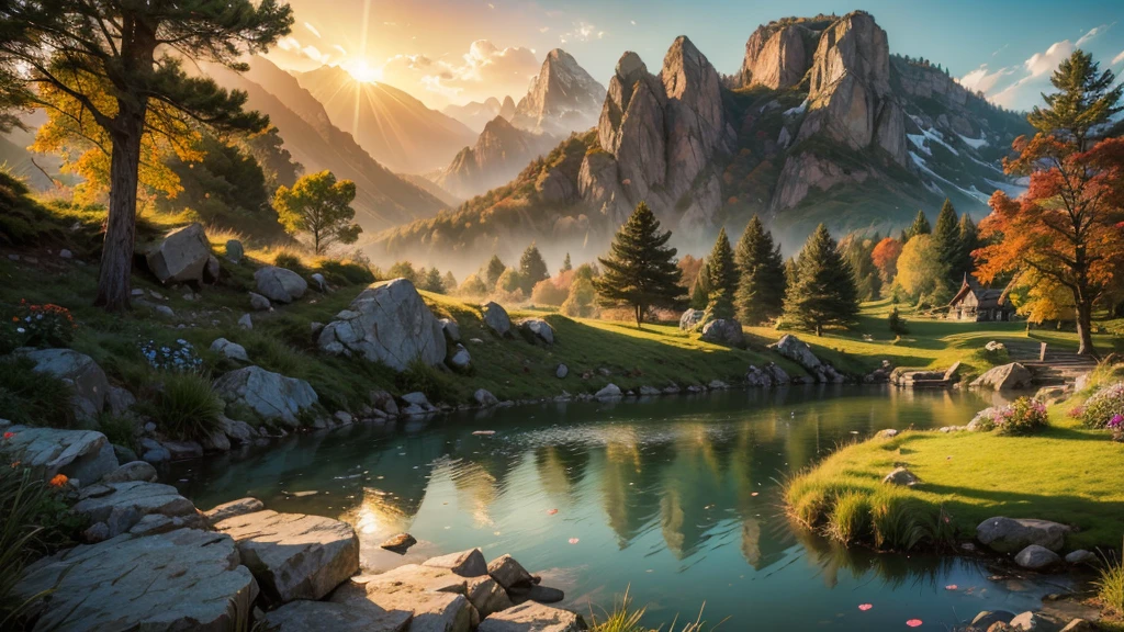 fairytale view with fantasy fairy garden in a wide steep valley with huge dramatic mountains in the distance,autumn, very deep clear water natural pond, rocks plants flowers shrubs trees moss lawns grass animals,sunrise and strong sunbeams,very hazy,extreme details,photorealistic,4k,HD,beautiful,nature, dreamy, low shot,ground level photo, good luminosity