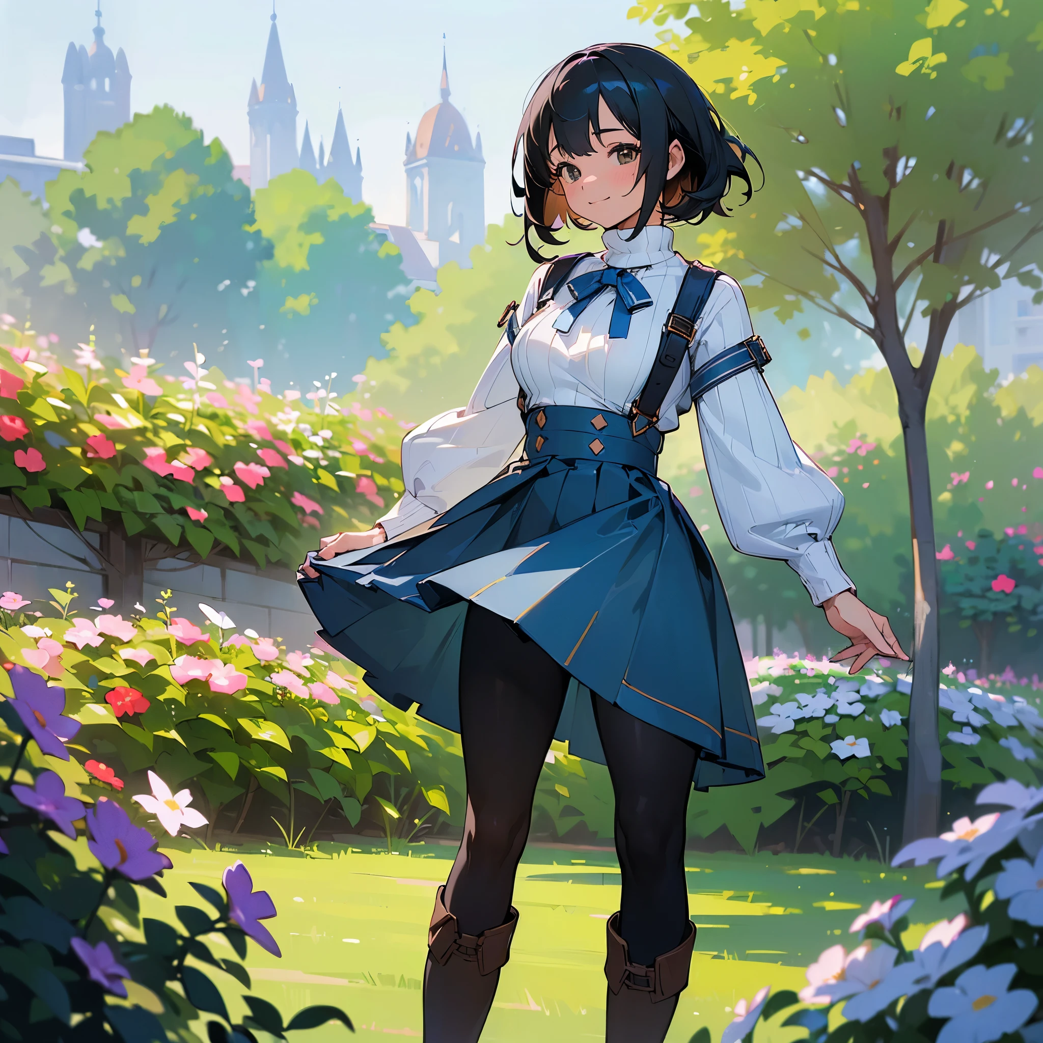 (high quality, High resolution, Very detailed, reality:1.37), Peaceful atmosphere, (Outdoor, garden), girl standing alone, (my breasts are big.), Beautiful details, Cute Smile, (Black bob hair), Ribbed sweater, Blue Skirt, Black tights, Brown boots.