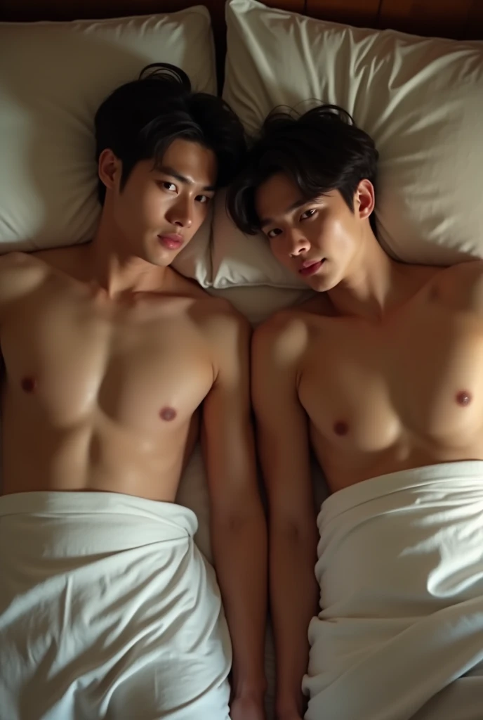 Jeon Jungkook and Park Jimin two men lying in bed naked with the blanket up to their belly button looking at the camera