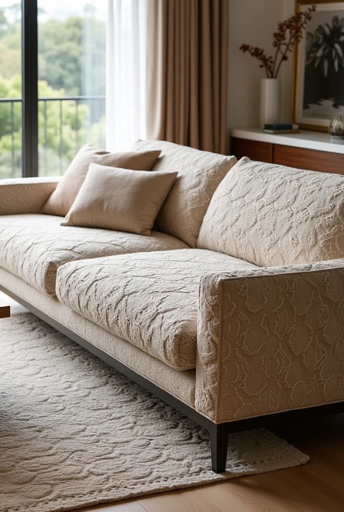 Modern style sofa, but that has fabric that reminds you of crochet and grandma&#39;s house 