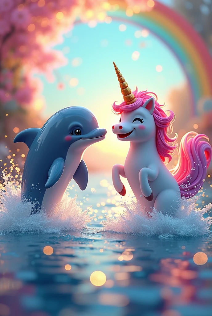 smiling dolphin and smiling colorful unicorn jumping out of water colorful rainbow bright sparkling world and lots of sparkles golden pink colorful world happy cute paradise