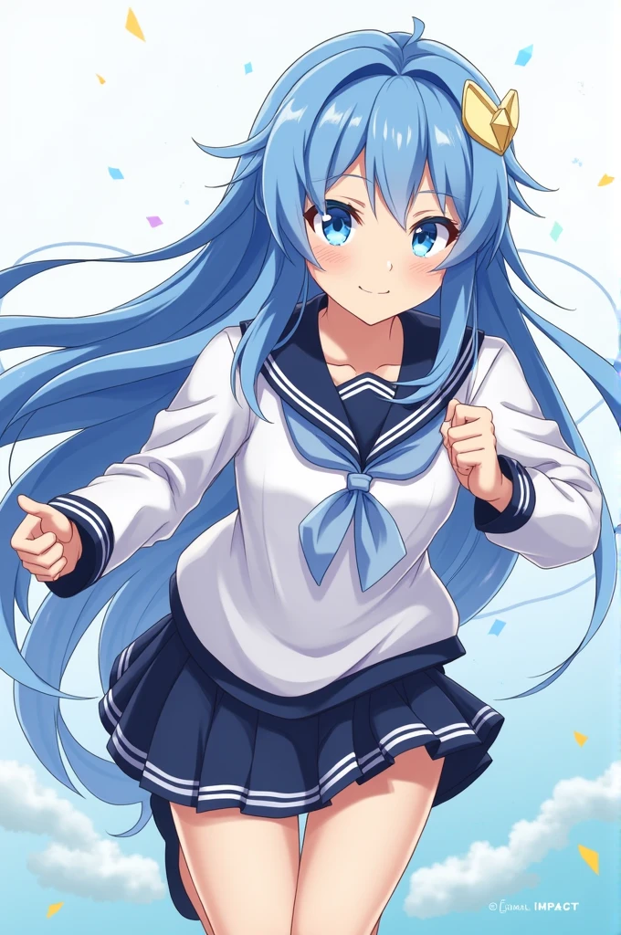 Wallpaper:anime style genshi impact has long blue hair blue eyes wears the school uniform and is running