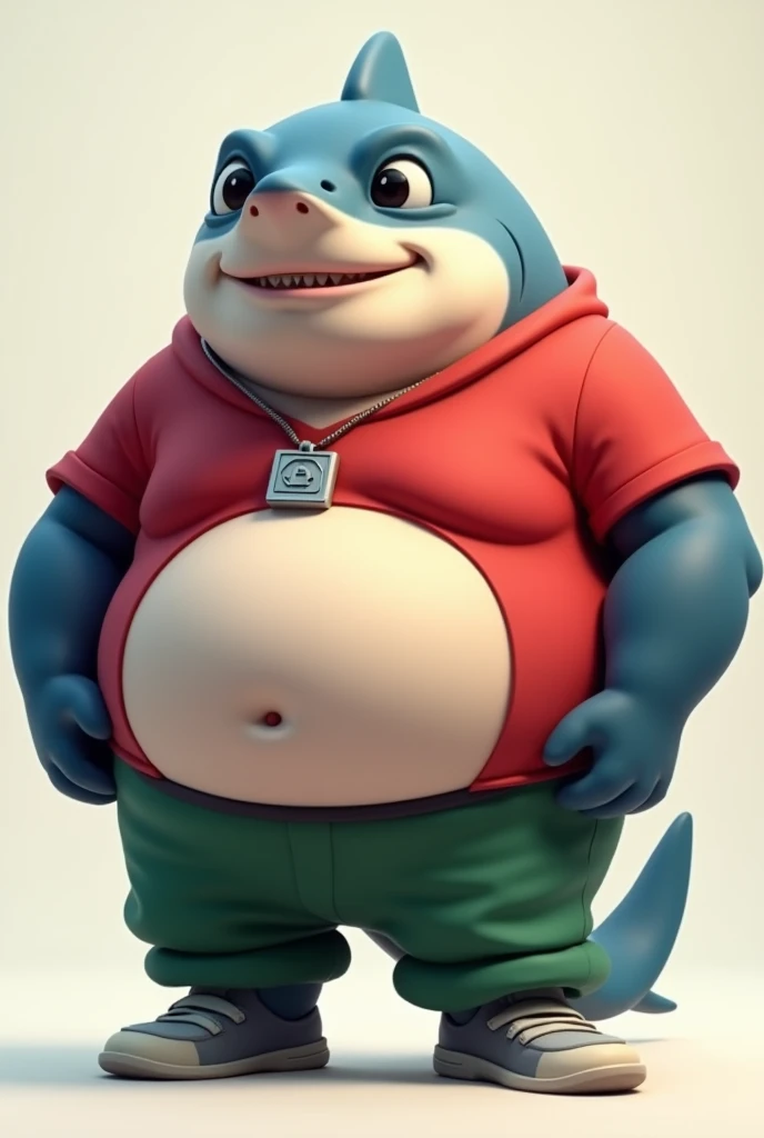 Un personaje de dibujos animados de un anthro tiburon con una gran barriga y un gran pene mr shark, plump, fat, belly, black eyes, (pose:1.3), (posing:1.3), (soft shading), 4k, hi res, five fingers, detailed hands, ((detailed face, (detailed eyes:1.0), detailed)), (full body), by zackarry911, by zaush, (by personalami:0.5), looking at viewer, shirt, 1boy, jacket, male focus, open clothes, pants, red shirt, dog tags, green pants, giant head, huge head, big head