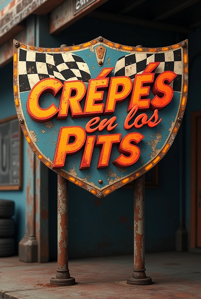 Create a Cars style sign that says Crepes in the pits in Spanish 